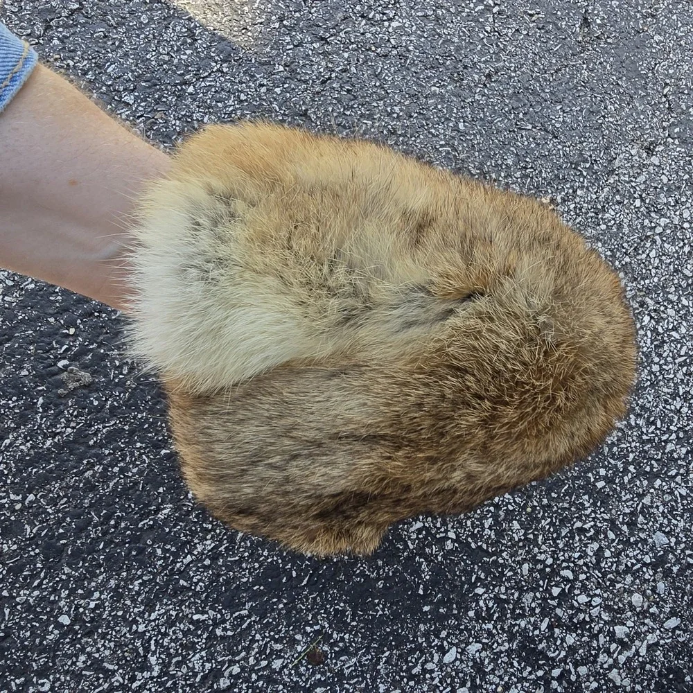 Vtg 1960s Real Rabbit Fur Pillbox Hat Natural Brown Gray Russian Style Satin Lin